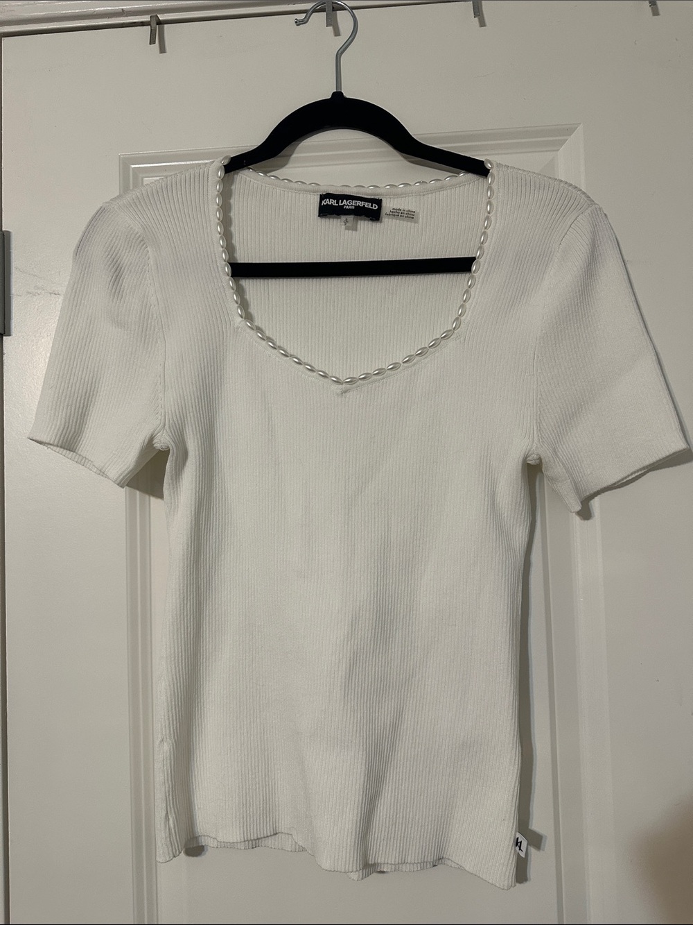 Karl Lagerfeld White Ribbed Short Sleeve Top with Pearl-Trim Scoop Neckline